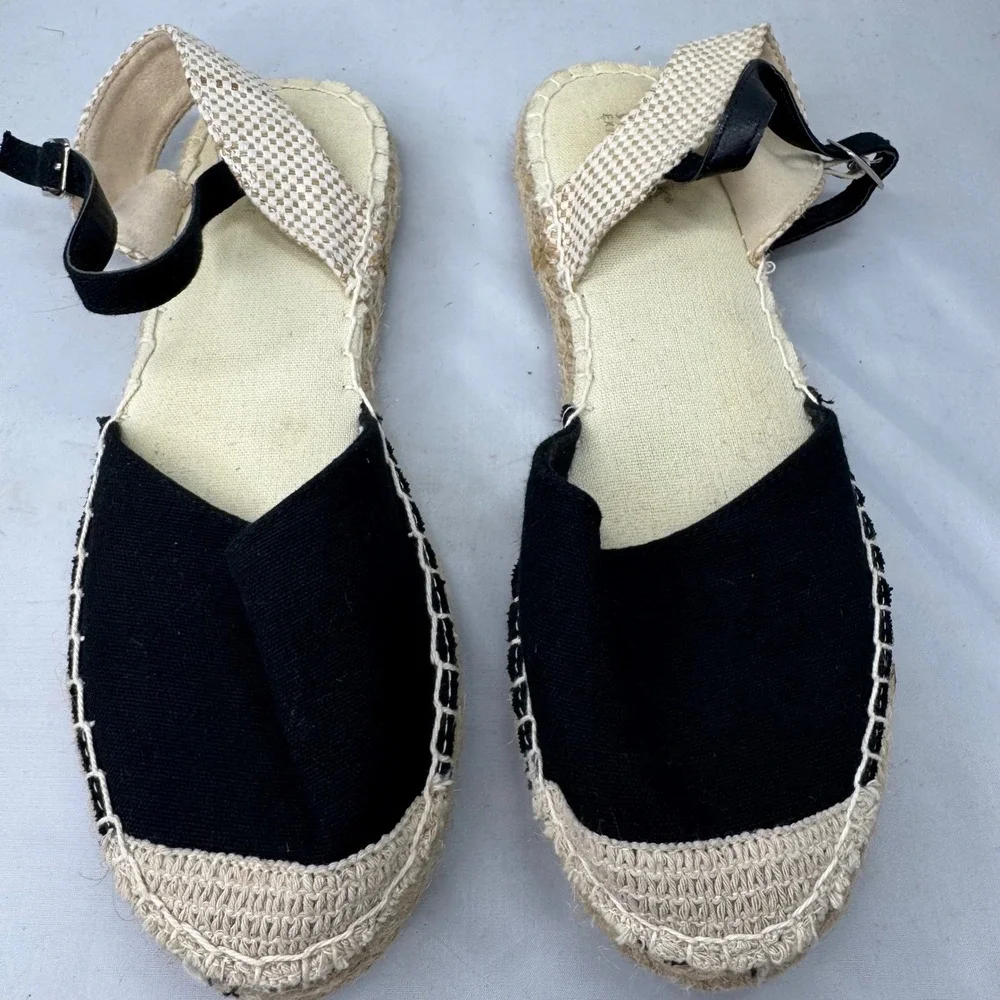Primark Espadrille Sandals Womens 7 Black Ankle Strap Wide Fit Boho Summer Flat